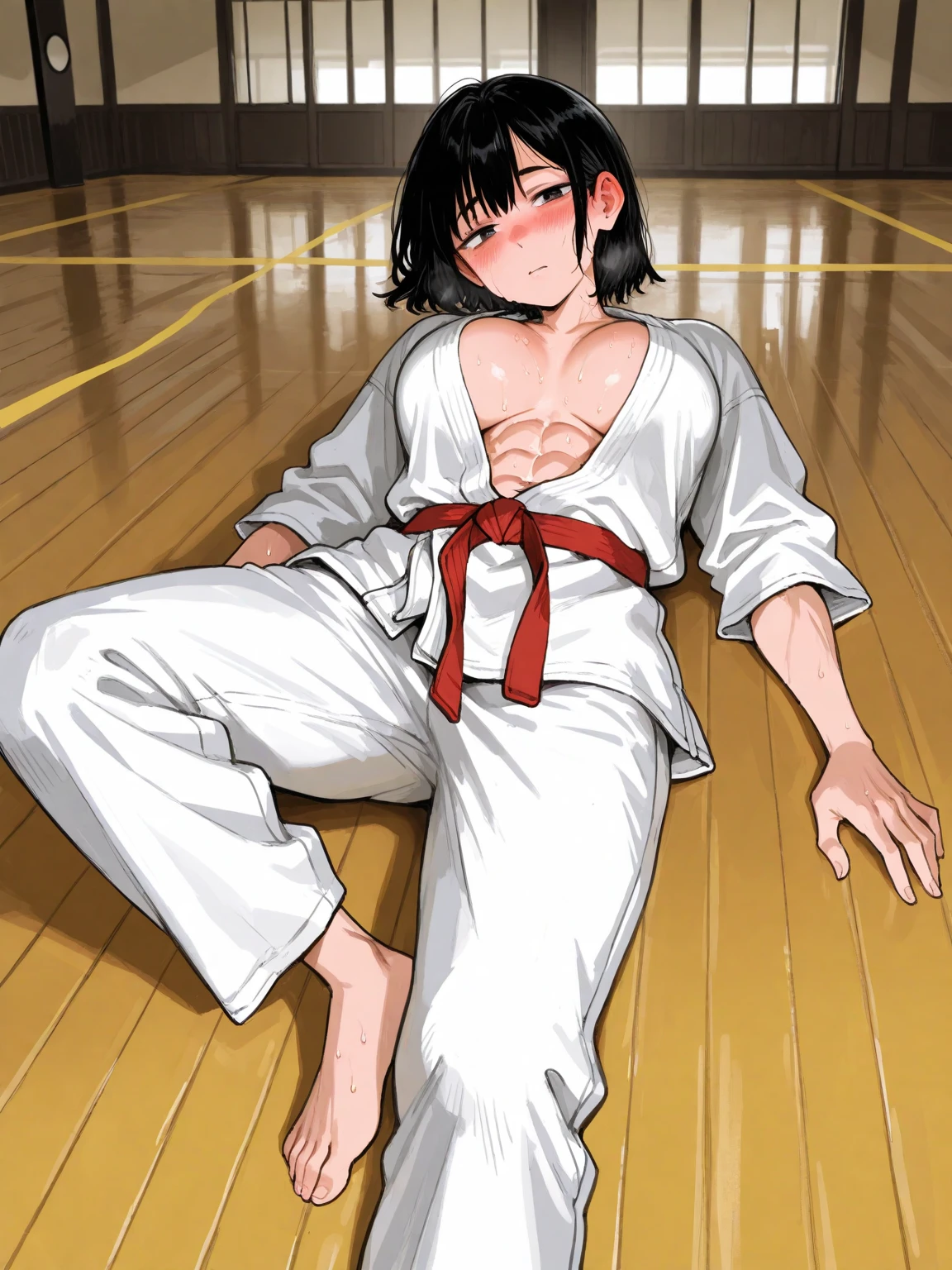 ((((masterpiece, best quality, high resolution)))), Extremely detailed 8K, 1 female, wearing a white Karate gi, (ahegao),white eyes, Small breasts,full body, kneeling, tired, (muscle:1.4), japanese clothes, No underwear,No eyeballs, Facing the audience, looking at the audience, tired, from below, (Exposed armpit:1.1), ((armpit:1.2)), sexy, Sweating, More and more sweat,(ahegao), (Roll your eyes), open mouth, Sticking out tongue, saliva, Slobber,Skinny, raise arms, (arms above head:1.5)(Ultra HD, Ultra-detailed, Highly detailed, Highly realistic, Ultra-realistic, photograph realistic), (1girl:1.5), (Realistic black hair), (dynamic poses), facing at camera, looking at viewer, (slightly serious face), (perky breasts:1.2), (beautiful detailed face, beautiful detailed eyes), ((worn out karate gi)), (preparing for a fight), sweat, glow, (sunbeam, sunlight), ((cowboy shot)), inside a training gym, seductive, EnvyBetterHands LoCon,