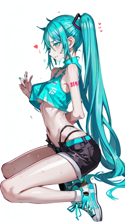 Hatsune Miku,Your eyes are sparkling like tiny, beautiful stars々,((Cover your nipples with your right hand to hide them:1.4)),((The left hand is placed over the crotch to hide it.:1.4)),(Small breasts:1.7),My shirt is open,Skirts are also flipped up,Body is thin,whole body,面積の小さいビキニ水着はHatsune Mikuの色,sexly,One Girl,12 Talents
