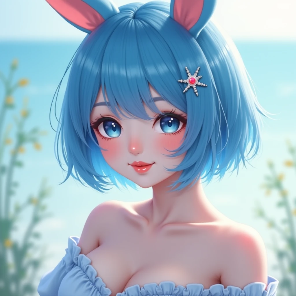 Againm /(Again:zero)/ ,One piece swimsuit on the beach in summer、Frolicking on the edge of the waves、、With a smile、Anime Girls , short light blue hair , blue eyes, Girl Fanart, in an Anime Style, in Anime Style, Gweiz-style artwork, Anime Moe Art Style, modern Anime Style, Anime Style illustration, Anime Style only, Anime art style, Anime Style, Anime Style character, Anime Style. 8k, Anime Style art, Anime Style 4 k