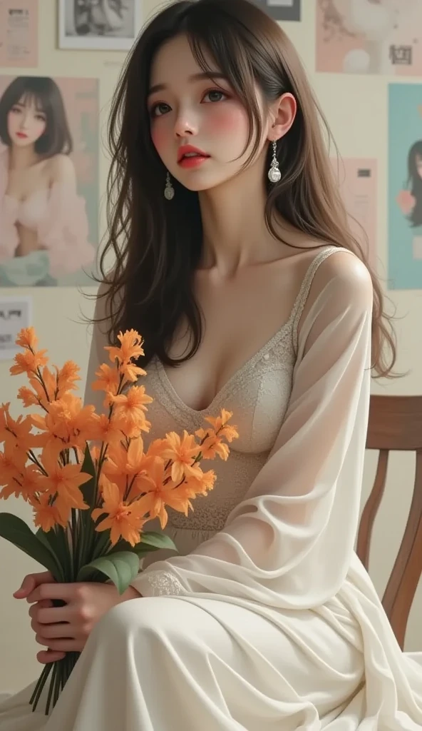 NSFW, （8K, best qualtiy, tmasterpiece：1.2）, （realisticlying, photograph realistic：1.37）, ultra - detailed, 1 rapariga, looking at viewe, Sexy, short and wavy hair, Beautiful detailed sky, Detailed café, natta, sitted, dated, （nose blushing）, sitting before a table, Table for afternoon tea, （ssmile：1.15）, （Keep one's mouth shut） Bigchest, The shirt neckline is open, deep v big breasts, Thin waist and thick hips, thick thight, long leges, juicy legs, nice hand, （Detail hands）, 美丽细致的眼睛, （collared shir：1.1）, In the daytime, rays of sunshine, Business attire, Sateen, white lace chemise, （long whitr hair：1.4）, Silver Nova frog style, Fair skin, cinematric light, rays of sunshine, the street lights, （AV actress：4）, Full-body image, （Tea table：1）, （carryng bag：1）, ulzang-6500-v1.1：0.3, karinak-4501-6300：1.2,