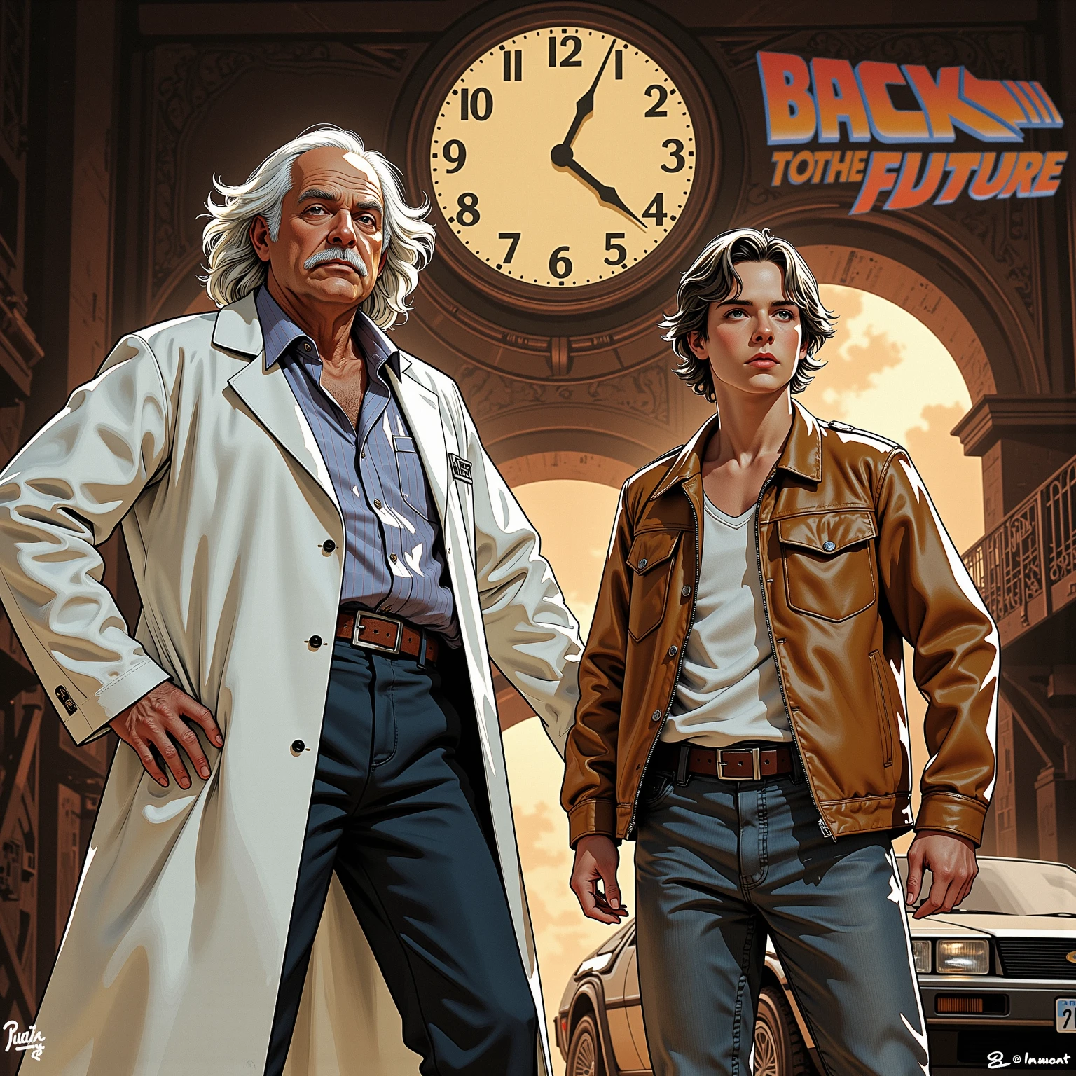 top quality, ,(1 old photo:1.3),Back to the Future,Alteration of history,hot,The background is Hill Valley Clock Tower,デロリアン, (Dr. Emmett Brown ,wearing a white labo coat,look like 60 years old )and (Martin McFly,wearing a sleeveless jacket,20 years old,cool )