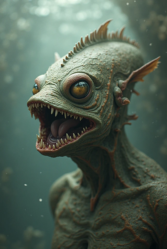 (masterpiece:1.3) (最high quality:1.2) (high quality:1.1)、There is a shadow、Fish salmon、The body has small black spots、Horror、His eyes are shining、Facing forward with mouth open