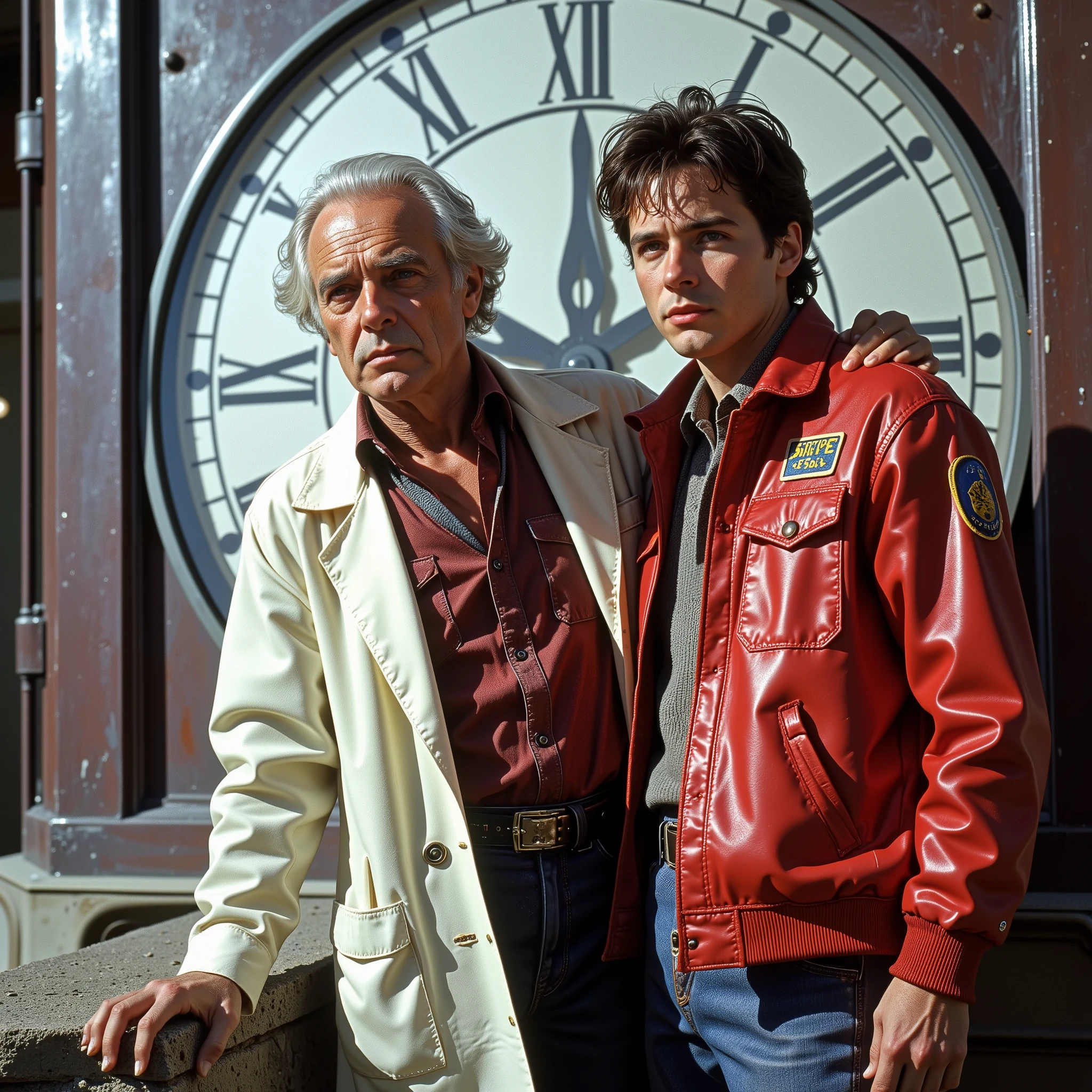 top quality, ,(1 old photo:1.3),Back to the Future,Alteration of history,hot,The background is Hill Valley Clock Tower,デロリアン, (Dr. Emmett Brown ,wearing a white labo coat,look like 60 years old )and (Martin McFly,wearing a sleeveless jacket,20 years old,cool )