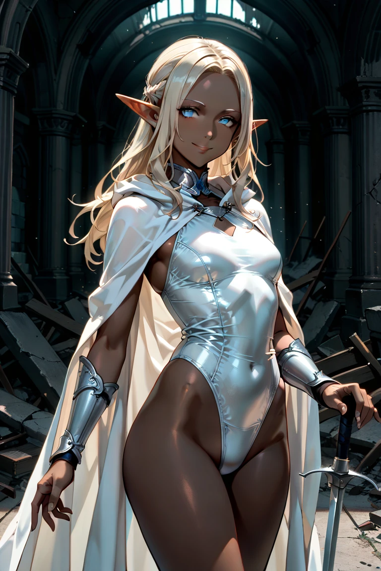 ((master piece)), ((very detailed, high quality)) 1woman, solo, looking at viewer, white long hair, wearing a leather Armor, big beautiful blue eyes, beautiful body, blue eyes, medium bust, (sexy, flirting), lips, drow, dark elf, pointy ears, ((grey skin, dark skin)), arrogant, (bulge), in a tavern, nsfw,