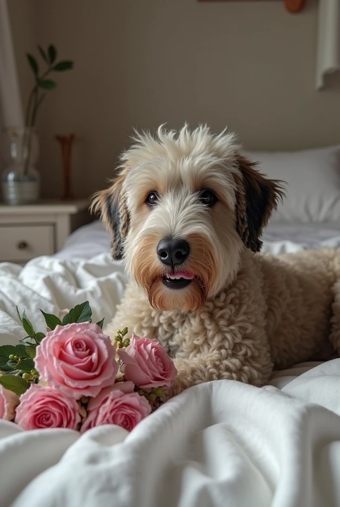 irish water spaniel, UHD, 4K, a photograph of a graceful dog, basking in soft, ethereal lighting, laying on a bed of velvety colorful roses, embodying the essence of enchanting nostalgia