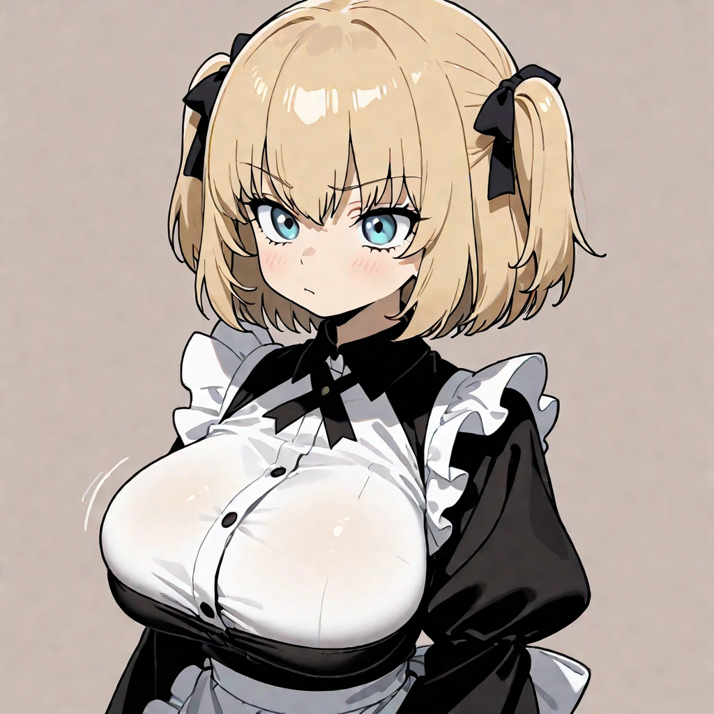 score_9, score_8_up, score_7_up, source_anime, rating:general, masterpiece, best quality, 1girl, leaning forward, smile, bangs, breasts, maid headdress, maid, frills, black dress, detached collar, puffy short sleeves, wrist cuffs, apron, white thighhighs, wavy short hair, blonde hair, looking at viewer,