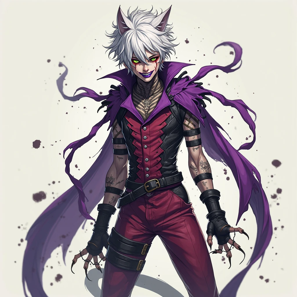 Create a male character with a slim but fibrous build, with a hunched posture and feline movements, as if He was on the verge of attacking or laughing at everything.  Her skin is pale , with a slight grayish shade, as if his body were already marked by excessive battles and darkness.

He has white hair with greenish reflections, messy, on pointe, falling wildly on his face. Her face is elongated and expressive, with a permanent crooked smile, purple lips and intense eyes: one completely red, the other yellow with a torn pupil, both full of madness. Dark circles under his eyes intensify his manic gaze.

He wears a modified combat suit inspired by a classic clown suit, but adapted to the body like a second skin. It is purple, black and crimson , with asymmetric details,  visible seams , straps, and reinforced areas for combat. The design is twisted, as if it were made with scraps of multiple uniforms of defeated enemies. On his back he hangs broken fabrics like a cape, that they move as if they had a life of their own.

His arms are bandaged and scarred, and his hands are covered with fingerless gloves, showing sharp nails. in combat, he moves with a fluid and chaotic technique, combining martial arts with unpredictable martial arts erratic movements and Theatrical expressions. His style mixes brutal blows with mocking laughter, even using his words as mental weapons.

It has a dark and fluctuating aura, similar to a purple mist, that surrounds him when he gets emotional in battle. His power grows as The more they underestimate him or try to control him. He doesn't fight for justice or evil: does so because of his own chaotic philosophy, convinced that destroying balance will bring a more honest form of existence.