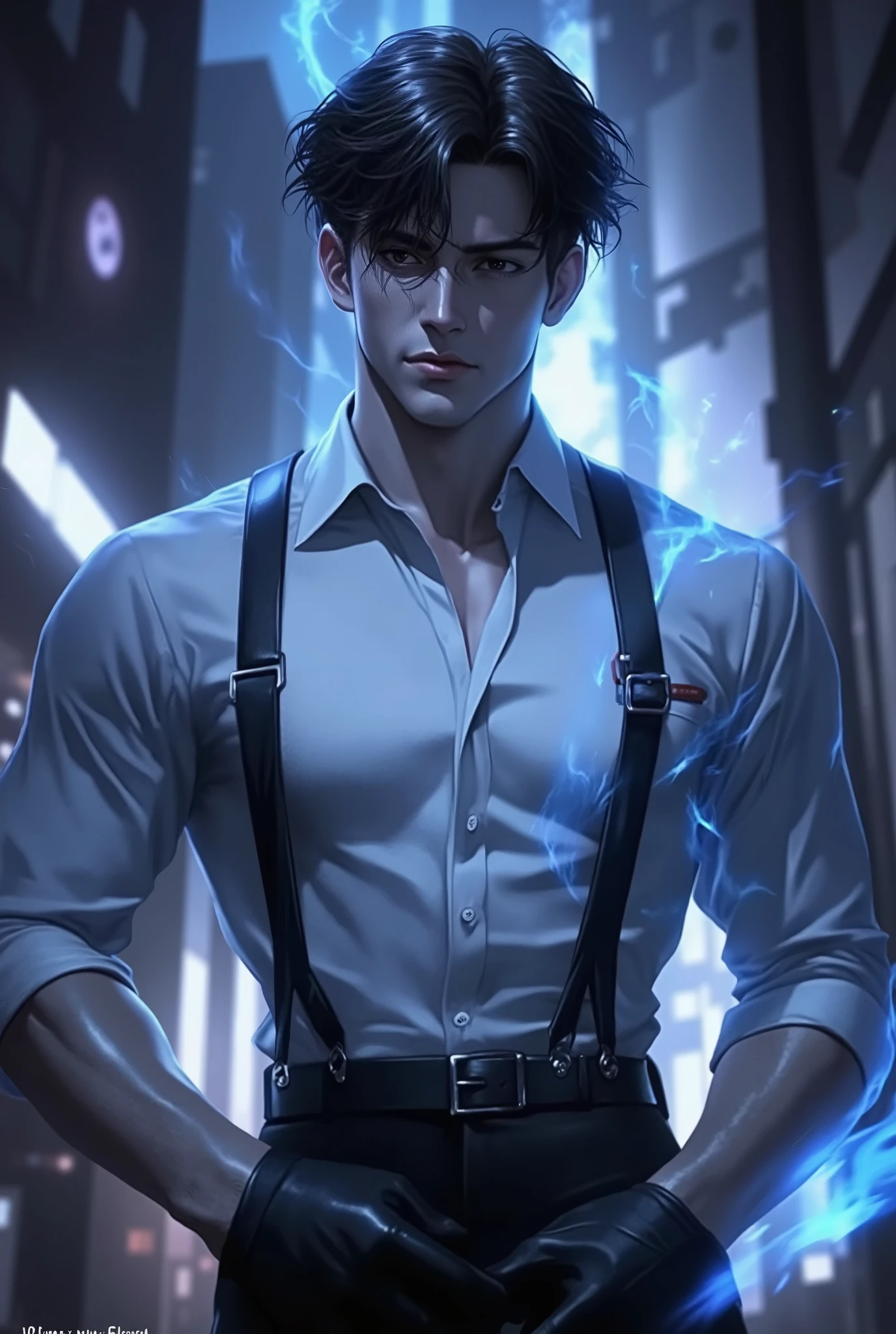 Young handsome man, 20 years old, wearing a fitted dress shirt with sleeves rolled up, dark suspenders, and gloves, standing confidently in a narrow, glowing alley at night. Surrounded by swirling blue flames or energy, supernatural aura, modern fantasy city setting, serious intense expression, tousled dark hair, strong muscular build, cinematic lighting, anime-style illustration, magical realism, mysterious hero vibe