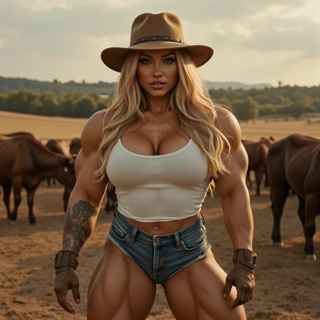 ((Close-up)), tall, (shocking pink hair) beautiful muscular cowgirl, angled bob cut, light brown skinned, closed smile, (black lipstick), (massive muscles), (hyper muscle), (ginormous bulky muscles), red eyes, (cowboy hat), ((pink cowboy shirt)), (denim pants), ((carrying a gun in hand)), choker, boots, in the wild Wild West,
