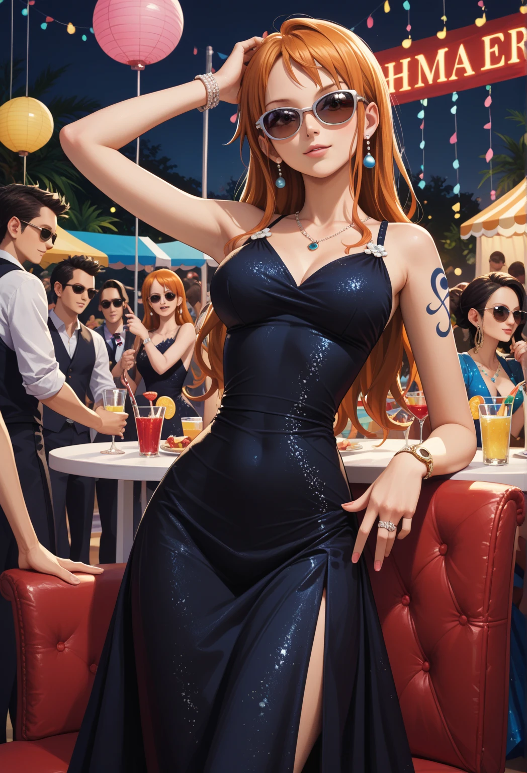 masterpiece, best quality), intricate details, 1 girl, woman, orange hair, nami \ (one piece\), (long hair), clothes, wearing evening dress, luxury nightclub, scenery, ((front view)) ((close up shot)) ((solo)), detailed, very high resolution, no blurry image, full body, orange eyes, sligh wavy hair, ((nami from one piece)) ((female nami from one piece)), (huge breasts)
