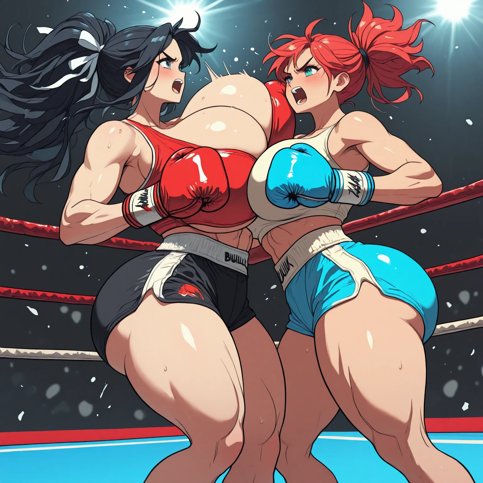 NSFW , Big and smalls , Fullbody shot , Wear racing Bloomer with pantyhose , Female boxing , huge breasts.