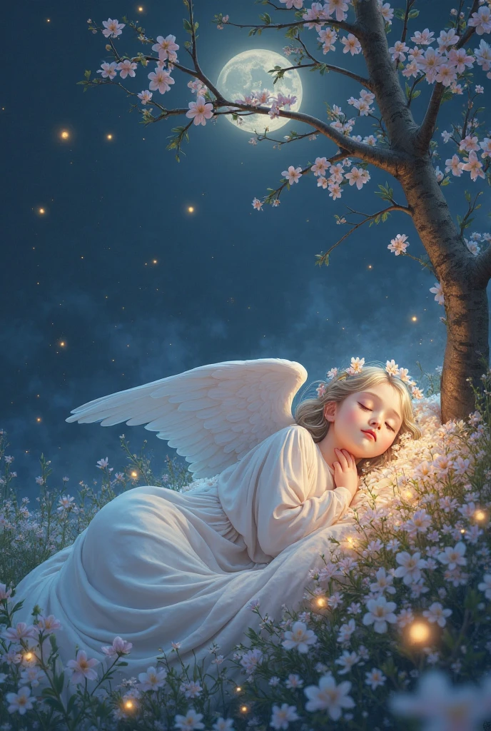 Beautiful angel sleeping happily holding the earth, outer space, pastel rainbow colored wings, shooting stars, fine pearl light