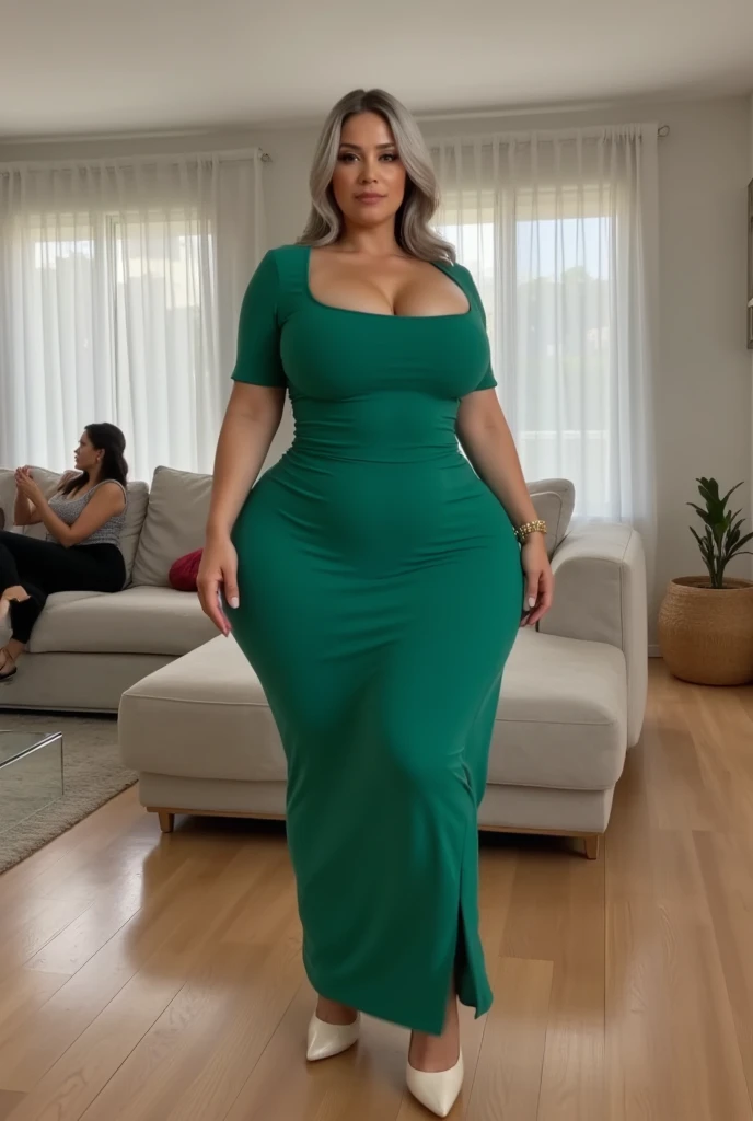 (NSFW,highres:1.2),perfect body shape, slim waist, curvy hourglass figure, full body picture, skinny waist and thick hips,full body view,big ,wearing split tight dress,beautiful detailed eyes,long eyelashes,natural makeup,soft smile,she has a jiggly fat round belly,vivid colors,studio lighting,physically-based rendering,digital artwork,bokeh
