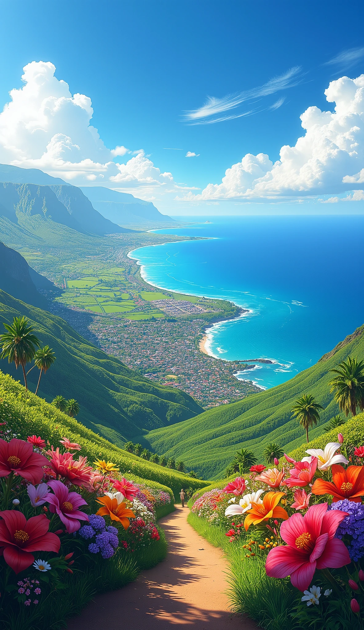 I'm imagining、spectacular views of Lahaina from the top of a hill full of flowers blooming on the coast of Lahaina in Hawaii。 Hilltop View。On a gentle hill。