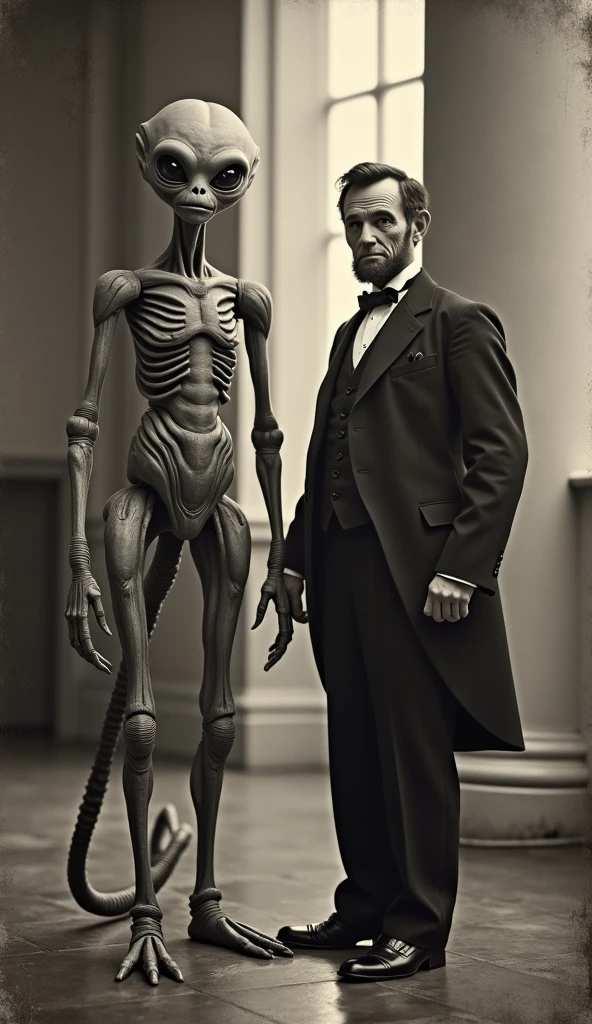 daguerreotype photo of a horrifyingly grotesque disgusting monster creature standing next to abraham lincoln in a US civil war camp, masterpiece,