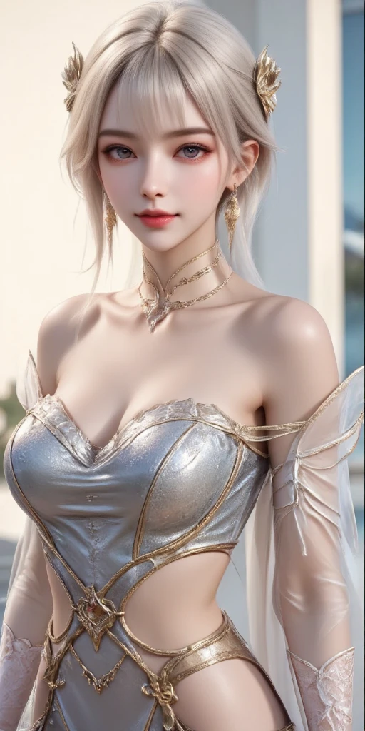 best quality,masterpiece,Ultra-high resolution,(Photorealistic:1.4),fair_Face,Oriental adult women 25 years old,Bright Eyes,Silver long hair above the waist,Wearing fairy costume(Bright 1：0）,in ancient buildings,Sit sideways on a luxurious bench（Phoenix carving）,