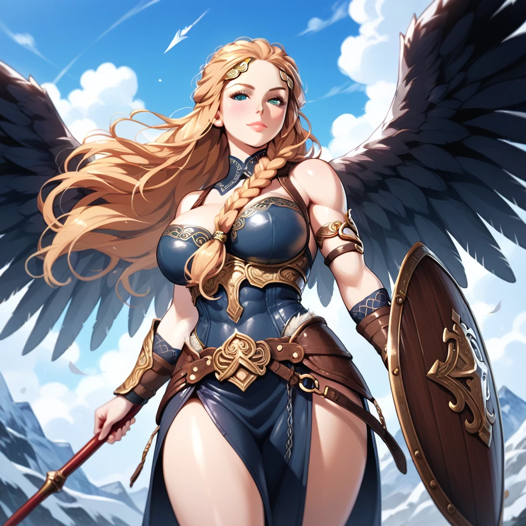 ((Masterpiece)), best quality, absurderes, ultra detailed, 8k, blonde angel, golden armor, cleavage, big white wings, curly hair, long spear, smiling, heaven, clouds