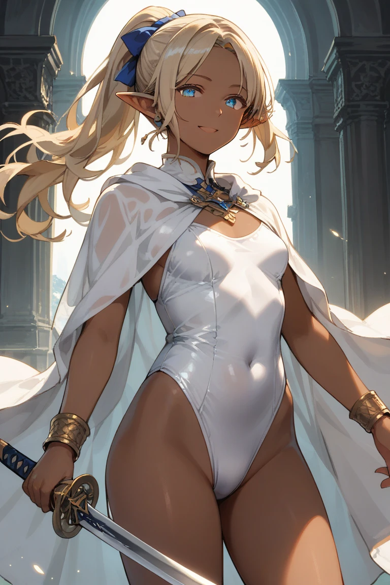 (masterpiece), Highest quality, Expressive eyes, Perfect Face, Skinny girl, small and taut breasts, Short blonde, White Cape, Tight white sports bra, Tight white low rise briefs, White boots, Hands on hips, In a prison cell, Clothes full of gold trim, Clothes full of metal tips, Angry expression on face