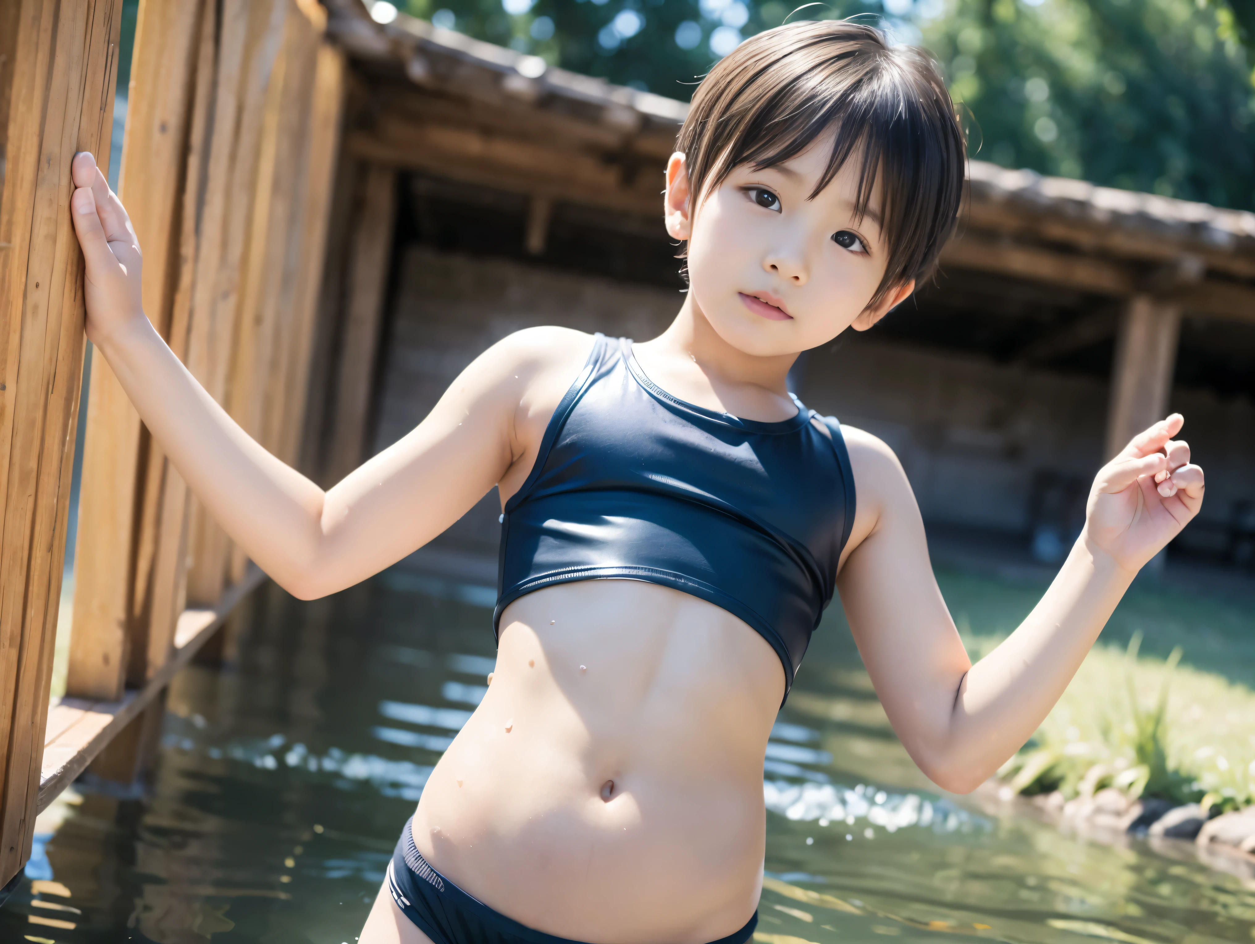 (best quality:1.2), masterpiece, Realistic, Ultra-high resolution, ((a beautiful Japanese idol woman:1.2)), (Gaunt:1.3), (((Very flat chest:1.4))), ((Baby Face)), (upper body), (show me your armpit:1.2), (sweaty armpit:1.3), ((Armpits are wet and shiny with sweat)), She has skin that sweats easily Soaking wet, Sweaty, I can see my pores, in Japanese hot springs, Outdoor hot spring, Stone hot spring, Moss and trees Surrou