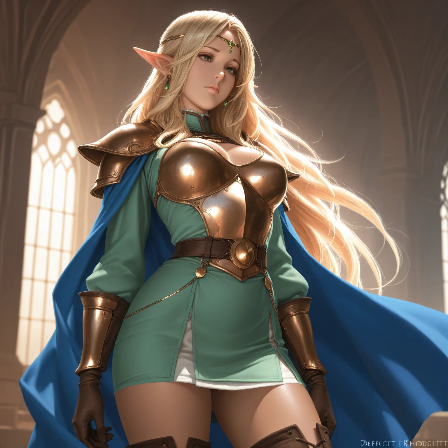 (Sexy) 1 adult horny woman elf archer, with long hair, dressed in medieval clothing, excited state, slightly open mouth, slight smile, fighting erotic pose in the middle of a room with medieval interiors and decor, looking at the viewer. photorealistic, soft light, Overall detail: 1.5