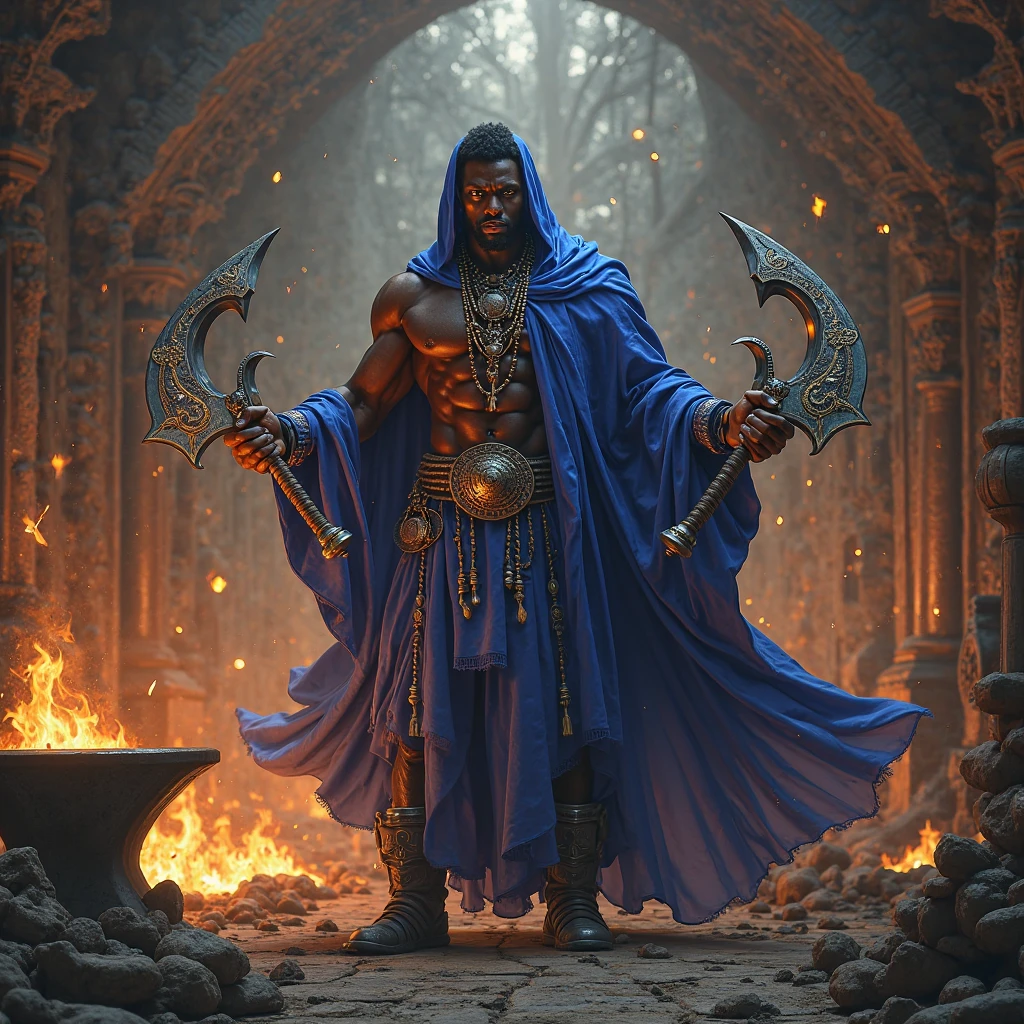 A bald, dark-skinned, egyptian-style, very muscular mage controlling a magically floating tome in front of him and glowing magically glowing rune tattoos