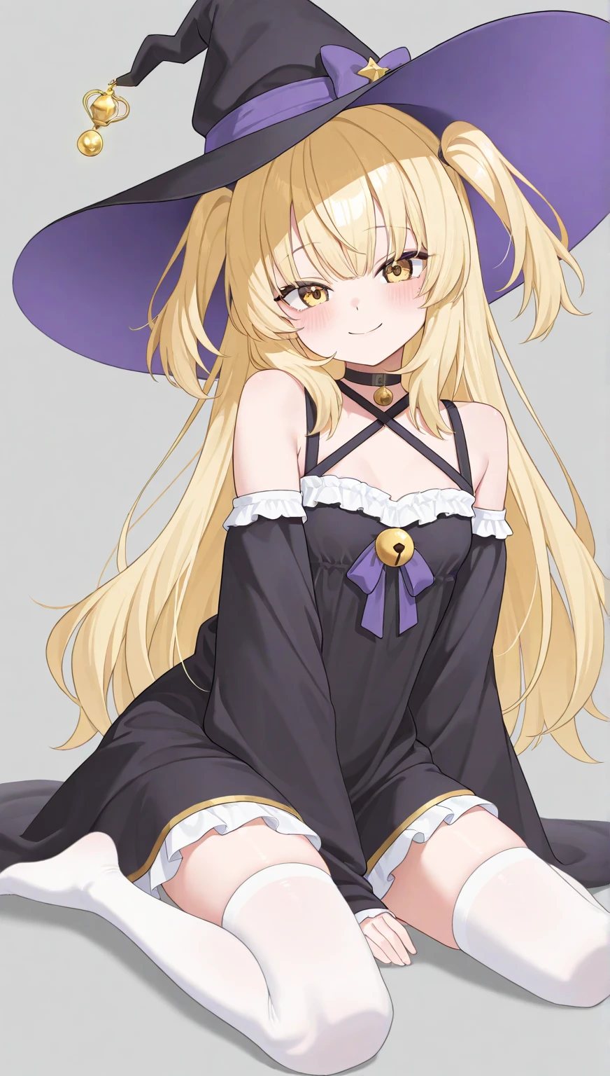 masterpiece, top quality, super detailed, CG illustration, high resolution, better lighting, best shadows, very delicate and beautiful, proper shading, hd, 8k,1girl, solo, long hair, breasts, looking at viewer, bangs, blonde hair, large breasts, thighhighs, long sleeves, white background, dress, ribbon, animal ears, closed mouth, standing, full body, hair ribbon, yellow eyes, ponytail, sidelocks, multicolored hair, boots, cape, black footwear, white thighhighs, animal ear fluff, fox ears, garter straps, own hands together, purple dress, cross-laced footwear, purple bow, lace-up boots