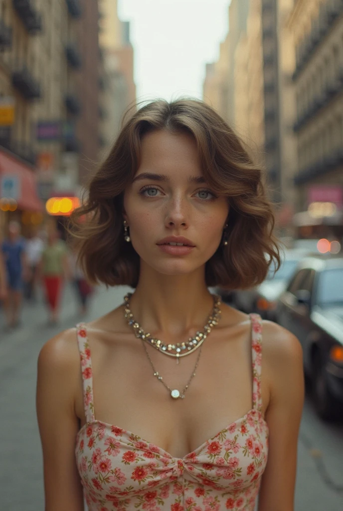 (Masterpiece.UHD.photorealistic analog photography. 1950 style) In a dystopian retro futuristic world. an ultra hot gorgeous European woman.age 23. 1960´s random hairstyle random hair color, voluptuous curvy figure, perfect round cleavage. Smiling Full lips. Round Baby face. Huge natural breasts (100 DD size). Wearing 40/50´s clothes. She’s a mom with her daughter (the daughter looks worried). inside a mini market. 1930 clunky war evil robots. early morning light.