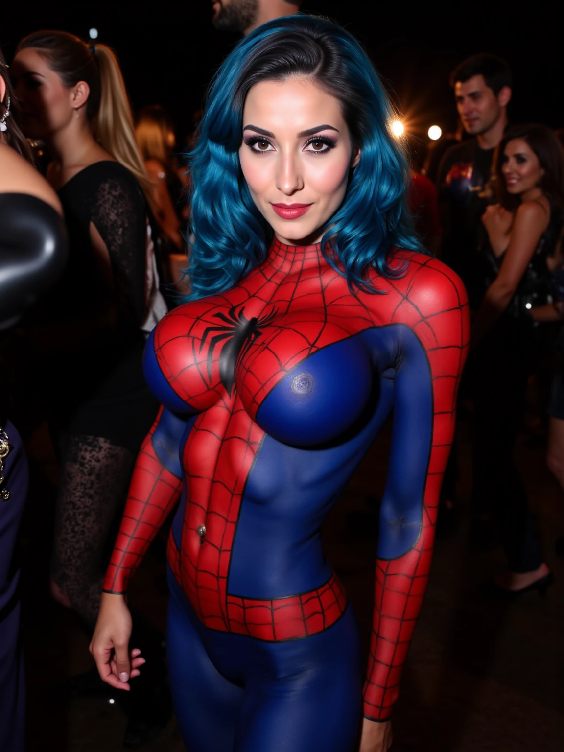 (detail photo, 4k quality photo, masterpiece, high detail, imaginative, dim light, evening, rain), a woman, perfect face, rainbow hair, body perfect body, blue eyes, standing, sexy body, big breasts, big butt, full body, natural pose, light smile, looking at camera, spider man costume, tight outfit, street, lantern , one-third layout