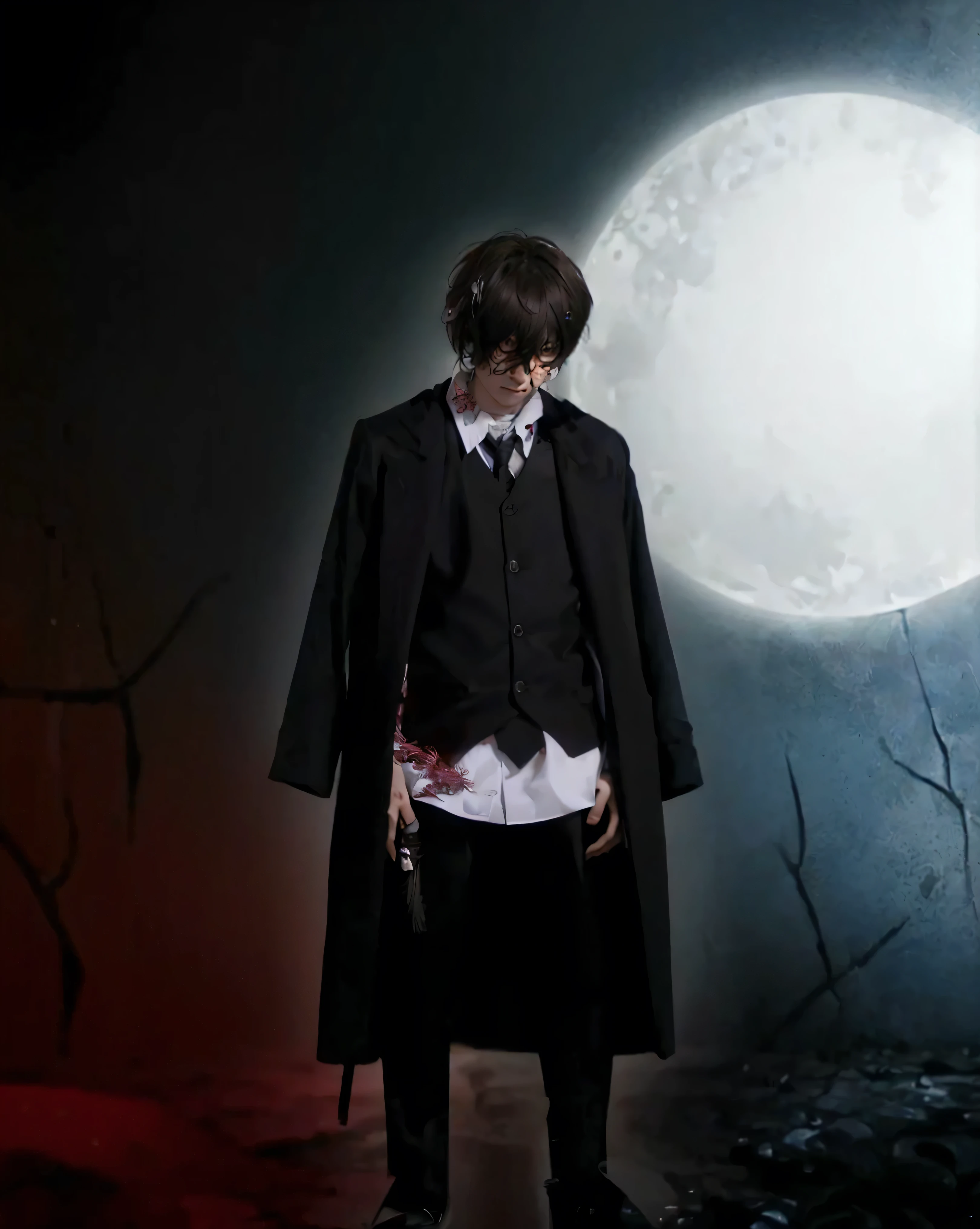 ((OSAMU DAZAI_BUNGO STRAY DOGS)),((realistic, photorealistic)),(highlight hair)), Light reflection, (( HD )),((upper body)), (((best quality, masterpiece))), (masterpiece) (best quality) (detail) (8k) (HDR) (wallpaper) (cinematic lighting) (sharp focuasterpiece, best quality: 1.1), Real life adaption of this character, realistic outfit, realistic shadow, realistic light, realism, hyper realistic, realistic background,realistic hair,(photorealistic:1.2), (masterpiece: 1.2), (best quality: 1.3), (clear details: 1.3), ((((ultra-detailed)))), ((detailed eyes)), (extremely detailed face:1.4), (highly detailed eyelash:1.6), masterpiece,best quality,ultra-detailed,very aesthetic,((masterpiece)),(best quality),extremely detailed, 8k wallpaper,ultra detailed, full moon night background, black cloak, blood stains,(perfect hands,perfect anatomy)