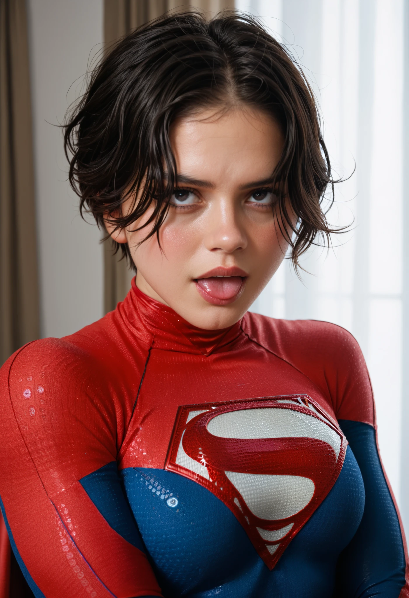 score_9, score_8_up, score_7_up, score_6_up, source_anime, BREAK, SupergirlTFXL, black eyes, black hair, short hair, curtain hair, medium breasts, superhero, bodysuit, red bodysuit, blue bodysuit, solo, front view, (v arms), (upper body:1.2), solo focus, ahegao, rolling eyes, open mouth, tongue out, naughty face, nose blush, indoors 