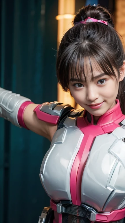 highest quality,masterpiece,Ultra-high resolution, Very detailed, 8k,A beautiful Japanese woman aged 25:1.5,Black hair ponytail、((Crucifixion)),(cross),(execution),((incontinence)),smile,torture,slave,((crossにCrucifixionにされた女性:1.5)),Crucifixion刑,(A futuristic hero suit in shiny pink and white.), (Pink and white shiny hero suit costume, Big Breasts、Voluptuous body)