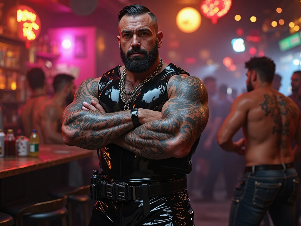 (masterpiece, intricately detailed, highest resolution, best quality:1.2),a cocky Assyrian chav male model,a 25 y.o muscle stud with a muscular physique sitting on a chair with black eyes,dark-skinned male, huge beard, mutton- chops, wearing ((custom chest harness made with lithium and kevlar, pingentt, snout, bracelets, necklace, jewelry)), monsteralpha, flaccid penis,saggy balls,hairy chest,vascular,muscle striations,soft light,fantastic realism,
