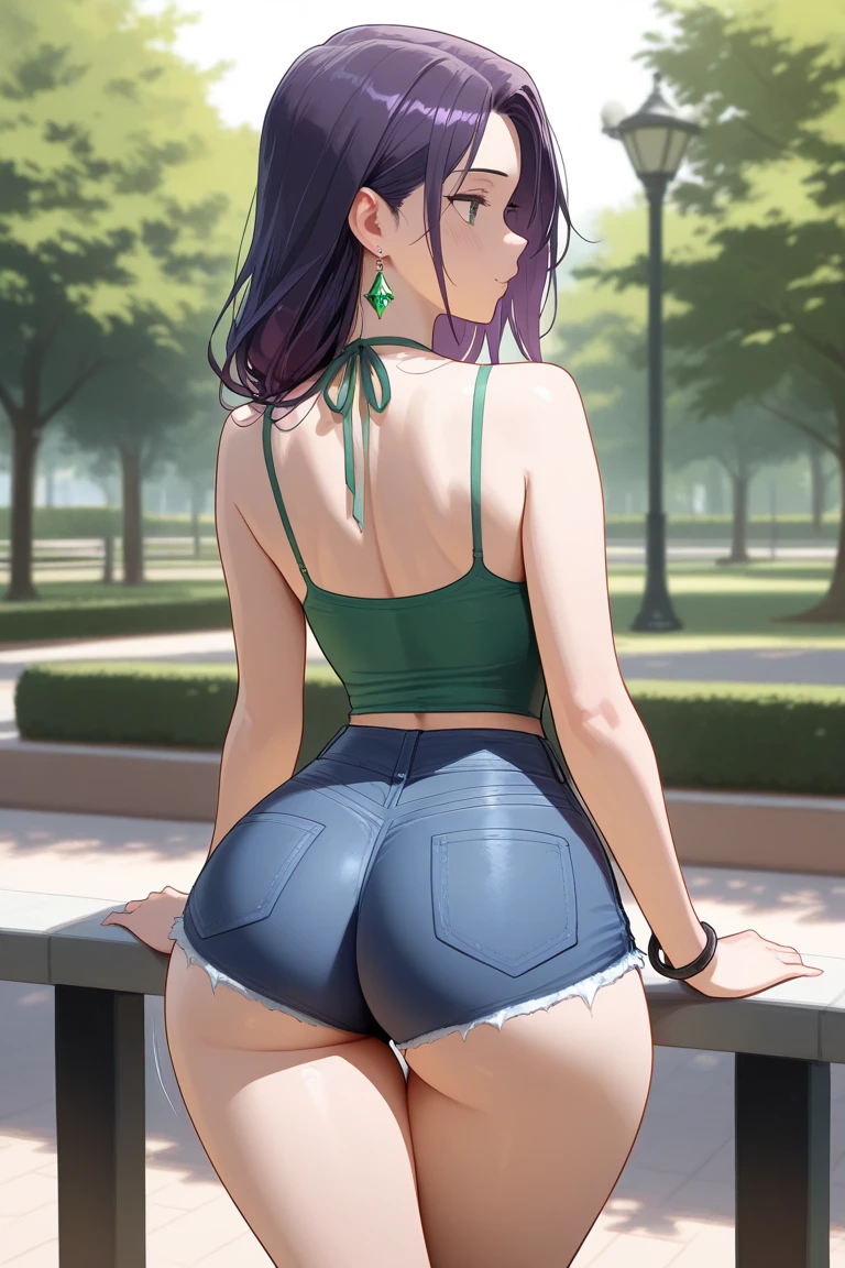 Inko Midoriya, there is a woman in jean shorts posing for a picture, artwork in the style of guweiz, seductive anime girl, character is in her natural pose, beautiful anime girl squatting, guweiz masterpiece, guweiz, photorealistic anime, beautiful alluring, big ass, thick thighs, gigantic breasts, underboob, high heels