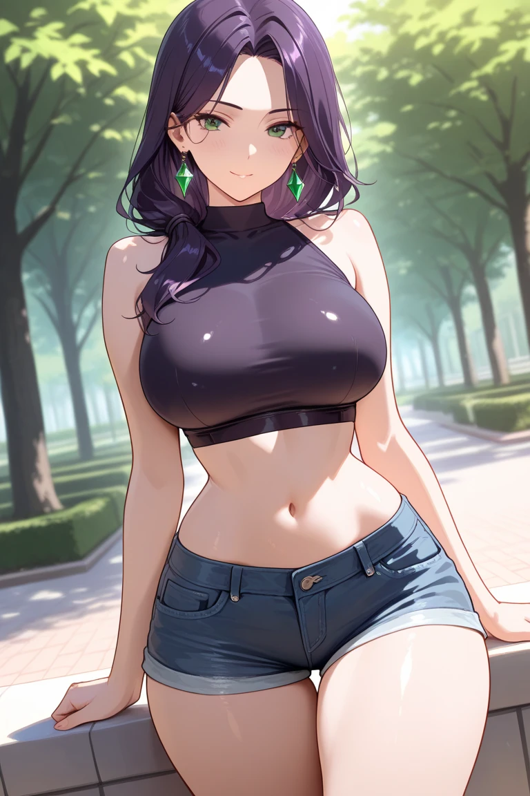 Masterpiece, Best Quality, 8K, Photographic Reality, (1 girl), ultra-detailed, beautiful lighting, detailed face, (detailed eyes), standing up, beautiful scenery, blushing, smile, gorgeous eyes, wonderful background, short hair, bob hair, bangs, black choker, crop top, (black tank top), (black hair), (black pleated mini skirt), in park, gorgeous girl, large breasts, cleavage, hourglass body, gorgeous body, (green eyes:1.3)