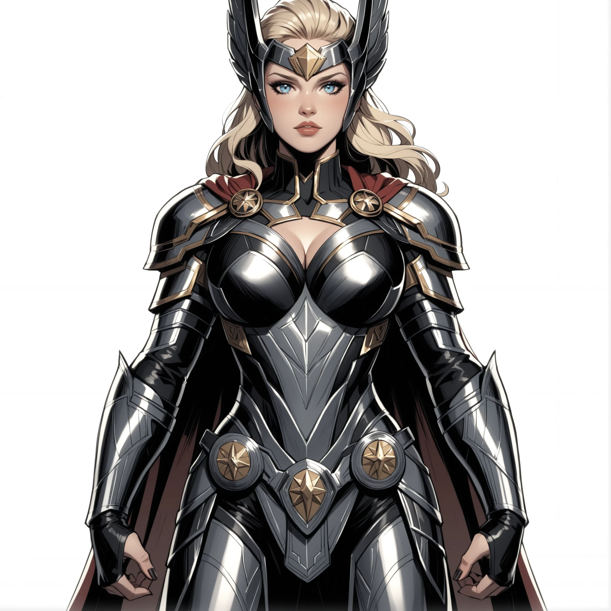 A powerful Asgardian warrior, daughter of Thor. She has pale skin, light blonde hair, and bright light blue eyes, shining like the skies of Asgard. She wears an elegant and imposing Asgardian armor with a red cape, forged with silver and gold details, bearing the symbol of thunder on her chest. She wields Mjolnir, the legendary magical hammer, with natural authority and ease. Lightning crackles around her as a celestial aura surrounds her body. She stands in a heroic pose, holding the hammer aloft amidst stormy clouds and thunder in the sky. In the background, the silhouette of Asgard can be seen, with its golden towers and energy bridges. The visual style cartoon, with an epic atmosphere, dramatic lighting, and a high level of realism.
