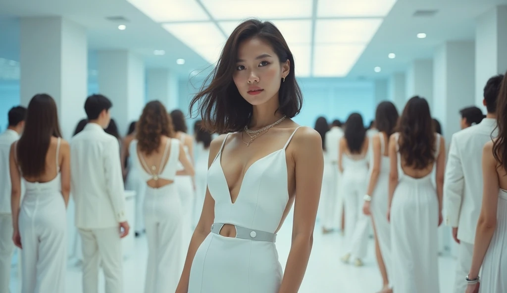 arafed image of a woman in a white dress standing in front of a group of people, 7 0 s sci - fi art, attractive brown hair woman, still frame from a movie, hypermaximalist, promotional render, by Menez, cosmic bjork, steam punk, velma, mars attacks, circa 1970, cp2077