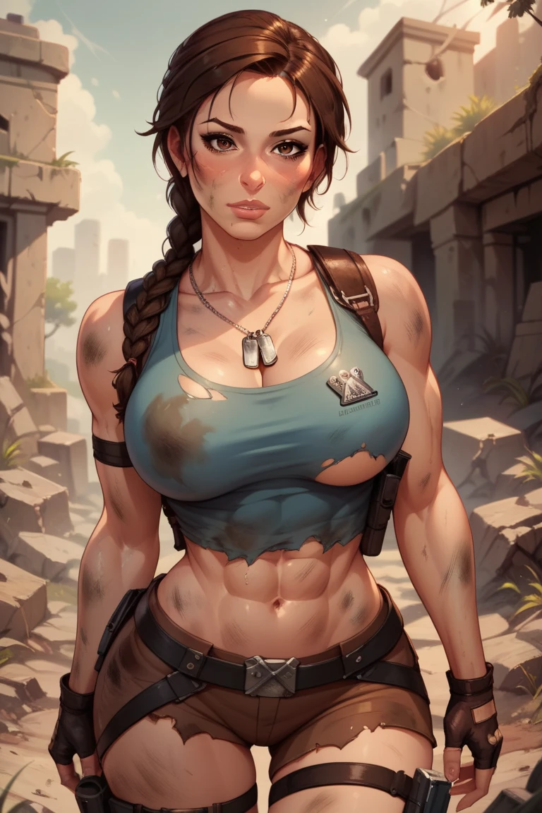 ((Lucy Pinder dressed as Lara Croft)), Art image of Lara Croft, Tomb Raider, Ancient Mayan Ruins background, busty, beautiful, large breasts, single braid in hair, sky blue tank top, torn and dirty clothes, tan cargo shorts