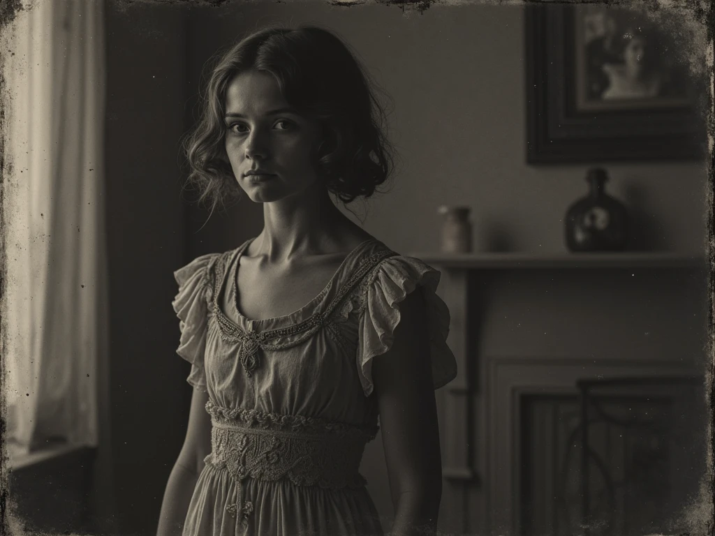 1900's photograph of 18 year old jp-april-v2-350, Gibson tuck, soft blush wearing Cotton chemise with square neckline, ruffled cuffs, and delicate lace trim , Antique setting , Century Camera Co. Studio, 160mm f/8, 1/10s, ISO 25, Tintype