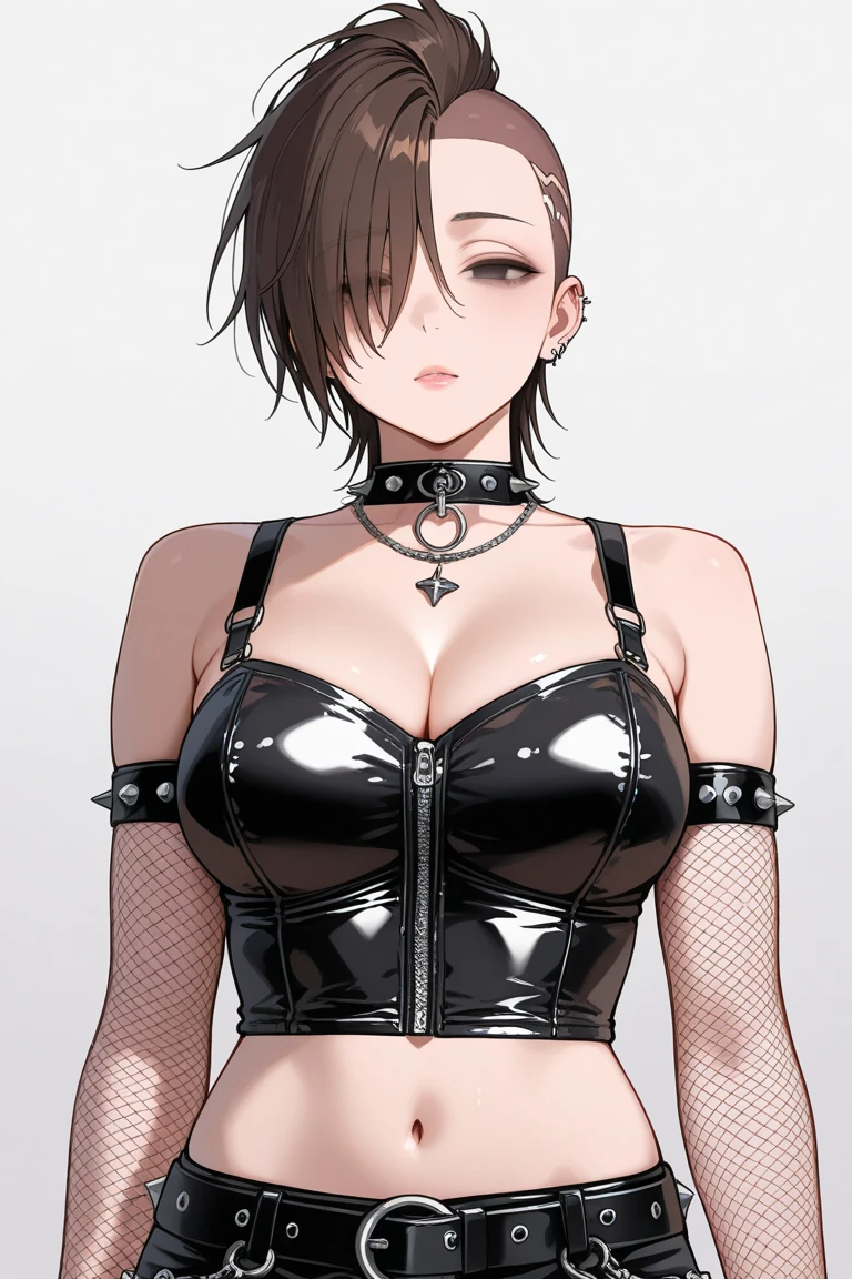 1girl, serious face, red eyes, tomboy Pixie haircut, very Short hair, black hair, black choker, white micro top bandeau, belly, medium breast, extreme micro shorts, stockings, black lipstick, black lipstick ear piercings, cowboy shot, covered nipples