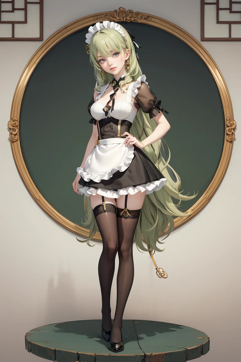 1girl, green hair, harness, white dress, chinese maid design, solo, buns hairstyle, symmetrical gloves, high socks, flare socks, harness, chinese maid dress, v neckline, garter on the legs, stand up, black apron, maid dress, chinese maid, chinese aesthetic, thigh gap, tassel, harness, very long hair, solid background, chinese maid uniform, full body, too many frills in her dress, magical girl, perfect anatomy, wearing a maid outfit with black and white color scheme, corset-style top, puffed sleeves, and a short ruffled skirt, stockings with garter belts, black shoes, arm accessories, gold jewelry, harness, jewelry, Cute pose, beautiful buns hairstyle, tassel, glow eyes, long hair with buns and bangs, high thigh, frills, harness, chinese maid uniform, chinese maid dress, black apron, garter on the legs, perfect legs, gold jewelry, solid background, stand up, blushing, maid headdress, chinese maid dress with too many frills, Chinese aesthetic, flare skirt, harness, centered girls, perfectly body, glowing hair, magical girl, more details on her clothes, golden details on her dress, tassel