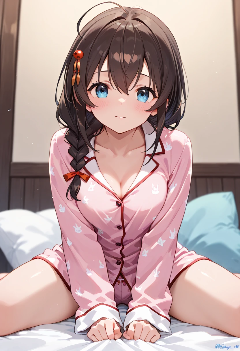 ((Brown hair)),((Braided shorthair)),(With bangs),Slight red tide,((Sweet loli style pajamas long sleeve cardigan clothes with lots of frills)),(all white and pink),((Colorful, cute and bold underwear)),(with floral pattern),(The chest is boldly opened and the cleavage is glimpsed),(fairy tale cute platform sneakers),((Colorful and pop world view)),(((Body shape is slender))),((Lean forward and bring your face closer)),(Kamime Heath Smile),(close up of face),NSFW,((Sleeveless Nightgown)),(room style),(cowgirl style),