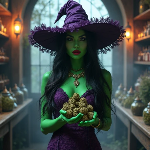 A witch in a green hat and purple dress holds a green apple, Sexy witch, supervillain sorceress witch, beautiful witch spooky female, beautiful female witch, sorceress woman, Beautiful Evil Witch, sorcerer magic witch, evil sorceress witch, beautiful female witch, dark witch character, witch, a full-color airbrushed, full color digital illustration