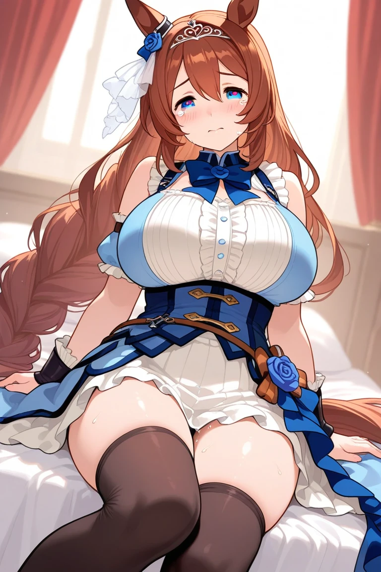 (((masterpiece))), (((best quality))), ((ultra-detailed)), (illustration), ((an extremely delicate and beautiful)),
Situation 1girl, Solo,Looking at Viewer,
Hairstyle Long hair, Bangs, Blonde hair,braid, Ahoge,Twin-tailed, ((twin braids)),(flipped hair),(messy hair),volumey,(low Twin-tailed),absurdly Long hair,
顔
Green eyes,happy,smile,open mouthbody typebreasts,large breasts,thighs,thighhighs,white thighs, ,(junior high school student),
ClothingSkirt, gloves, pleated Skirt, frilld, zettai ryouiki, Capelet, garter strap, white Skirt, Underbust, blue gloves,Cross-laced clothes,(blue Capelet), Underbust,straplessdress,(knee high socks),white knee-high socks,(sleeveless),cleavage cutout,
Decorative choker,Bow, bow ribbon, hair Bow,Red bow ribbons,Cross,Cross choker,Cross earrings,
Pause
,letemeraire, ((spread legs)), ((open legs)), (((see-through))),