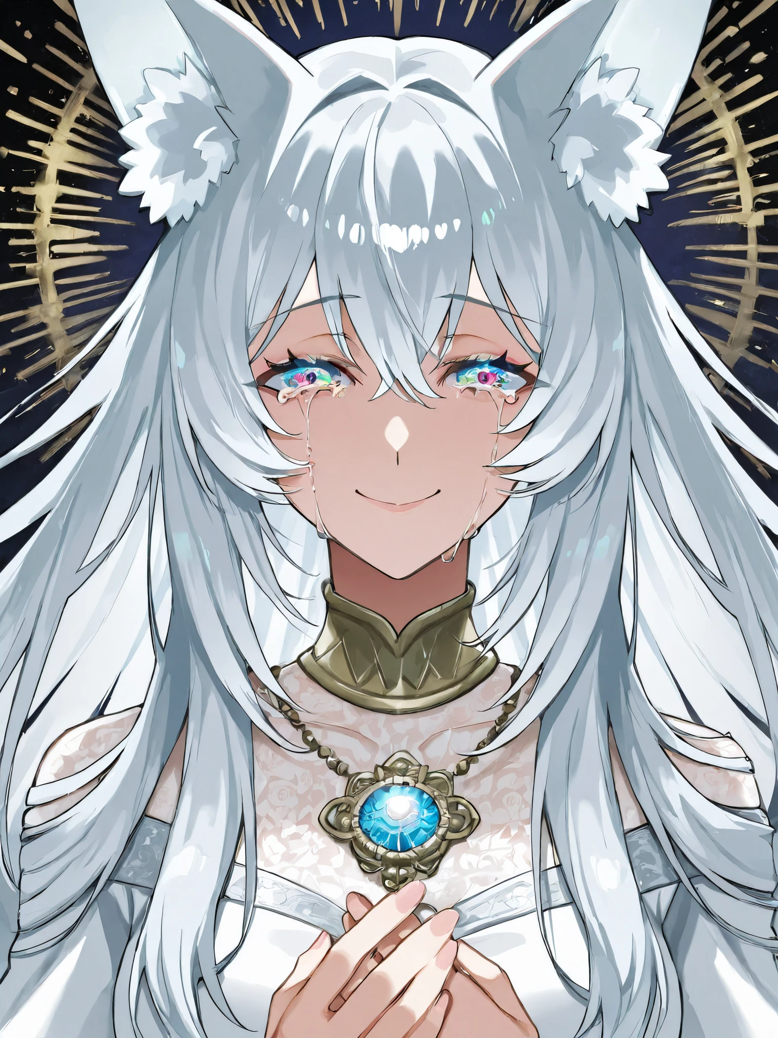 Adult woman. Madura. silver hair. Maria Chiquinha. Long hair. Face of Compassion. colored eyes. Eyes in tears. Transparent tears. Blue amulet in the hair. Genuine Smile . Long eyes. fox ears. white dress
