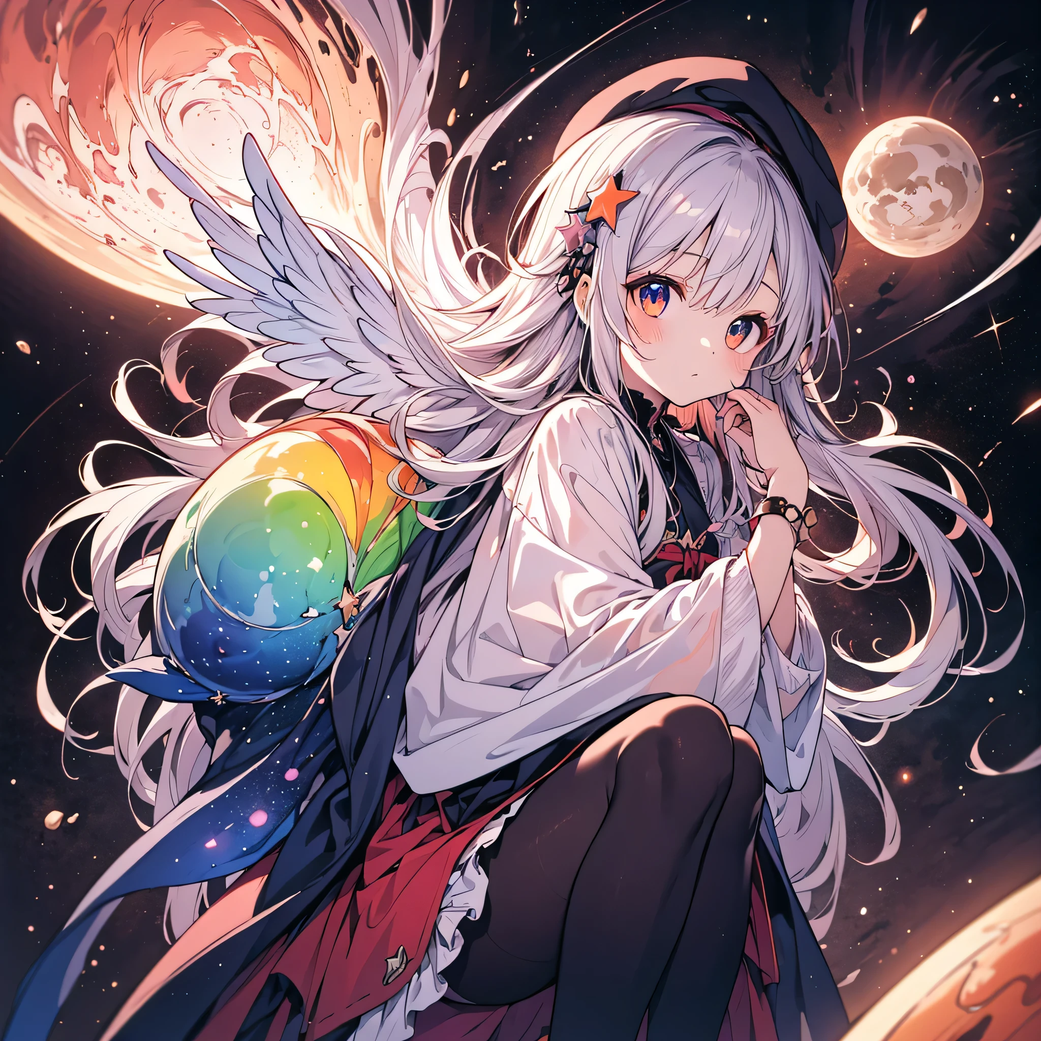 character design sheet、facing the viewer、girl, cute, masterpiece, many decorations, high quality, very detailed, 8k, background design, long hair, straight hair, bangs, gothic, frills, lace, traditional patterns, star fairy, small wings, milky white and blue gradient hair color, unique and cute hairstyle, gothic ta kimono, long sleeves, flared cuffs, deep navy and orange space patterned clothes, star-themed magic wand, long boots, sky blue image color, Neon Color Palette, character design, space, meteor shower, stars, shooting star, celestial bodies, rainbow, milky way, multicolored gradient eyes, star-shaped beret