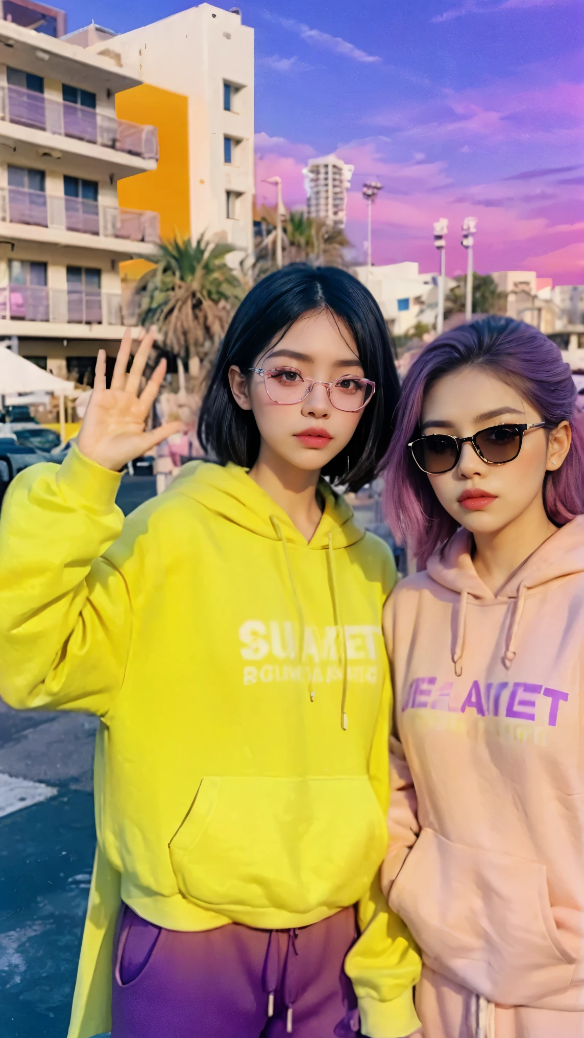 8k, 2 girls, beautiful, messy hair, (orange is too big hoodie), is too big_shirt, sweatpants, close-up, watch viewers, (((80's architecture colorful motel))), Palm Tree, (vivid sunset gradient sky with shades of orange, pink, and purple:1.4), dramatic golden hour lighting, (photorealistic:1.2), (super real:1.3), (very detailed:1.1), ((masterpiece)), 2 people do high fives, dancing briskly