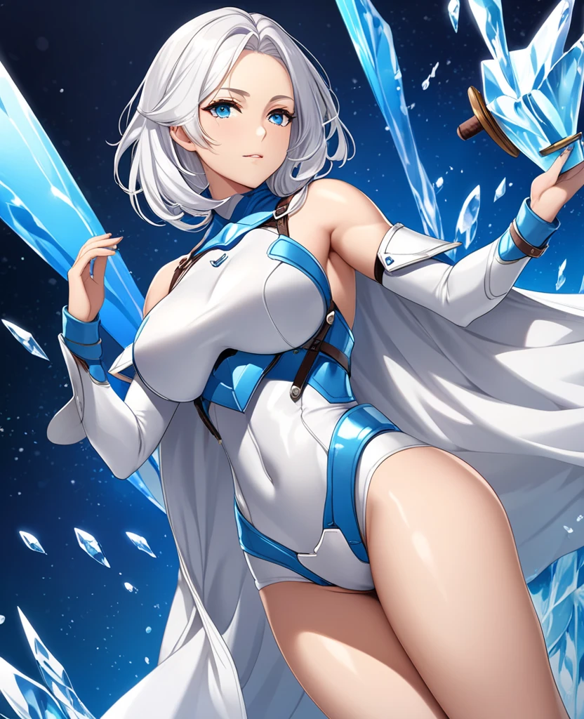 1 girl、Silver short hair、knight、Less Armor、Lots of cloth、Blue and silver decoration、Chest a little big、Ice crystals、Expose、Carrying a weapon
