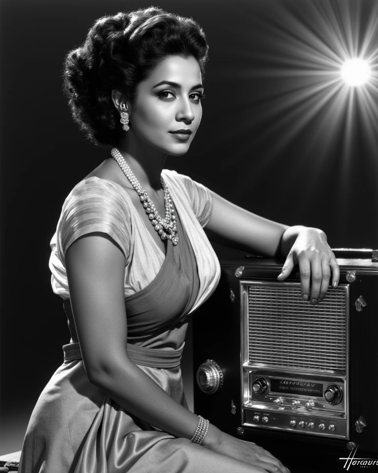 ((( best quality 8k, 32k resolution ))), best surreal work, score 9, score 8, Score 7 , masterpiece,, Very detailed,Perfect well-defined, a black and white image of a beautiful indian women , big , curvy body, mature milf, curly hair, dressed in a dress from the 1942 era, Are you listening to music on a Philco radio from 1942.
