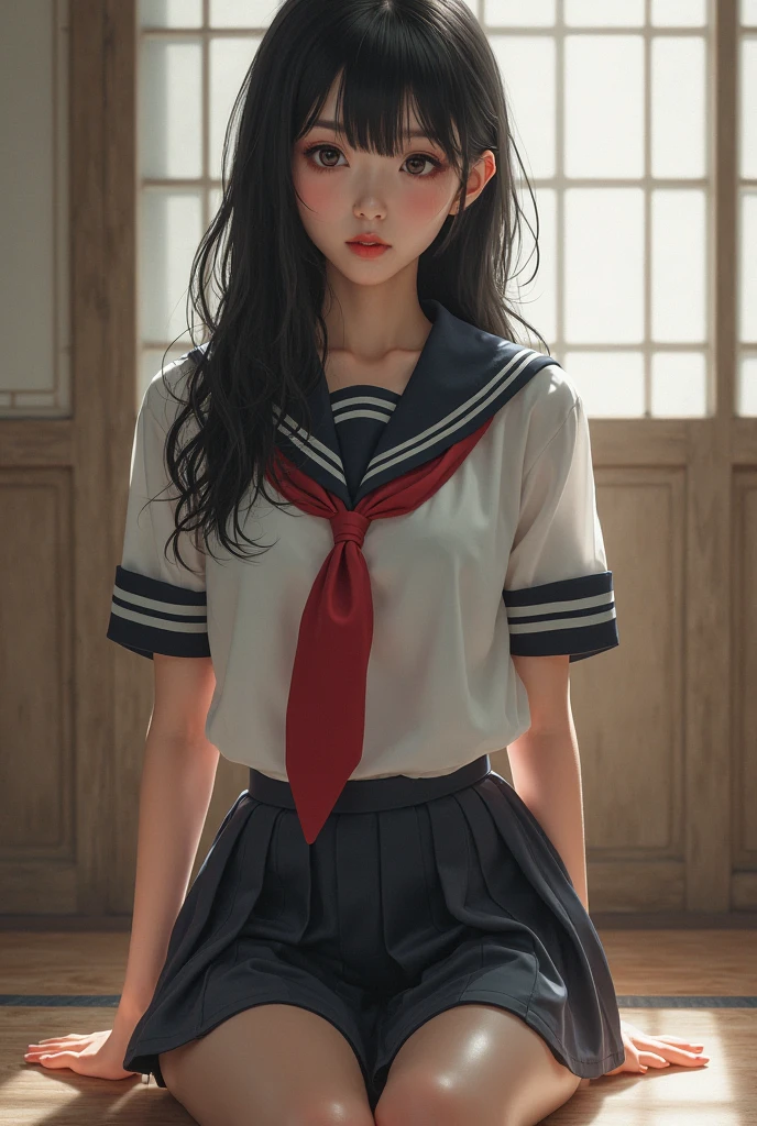 ultra realistic 8k cg, picture-perfect face, flawless, clean, masterpiece, professional artwork, famous artwork, perfect face, beautiful face, beautiful eyes, ((perfect female body)), solo,(immersive atmosphere, chiaroscuro:1.5,bright light:1.2,luminous lighting) ,,(blush:0.5),seductive expression,extremely detailed_eyes,thick thighs,large breasts, beautifully detailed background,depth of field,realistic:1.3, long shot,1girl,shirt,pleated skirt, school uniform, sitting, full body, (ambient light:1.3),(cinematic composition:1.3),(neon lights:0.1),(HDR:0.1),Accent Lighting, white pantyhose,