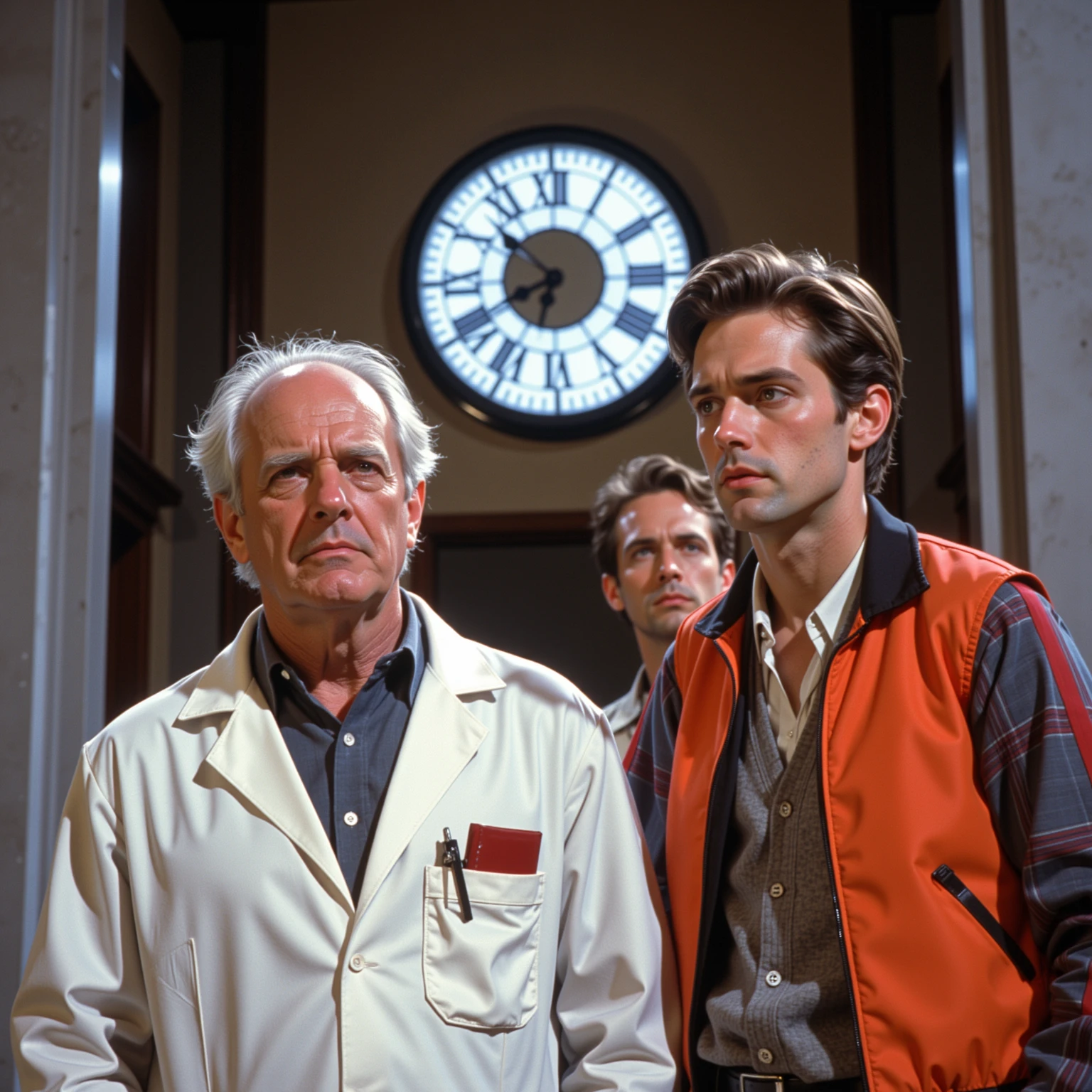 top quality, ,(1 old photo:1.3),Back to the Future,Alteration of history,hot,The background is Hill Valley Clock Tower,デロリアン, (Dr. Emmett Brown ,wearing a white labo coat,look like 60 years old )and (Martin McFly,wearing a sleeveless jacket,20 years old,cool )